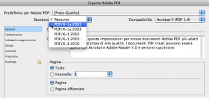 Il menu della finestra Esporta Adobe PDF di InDesign.