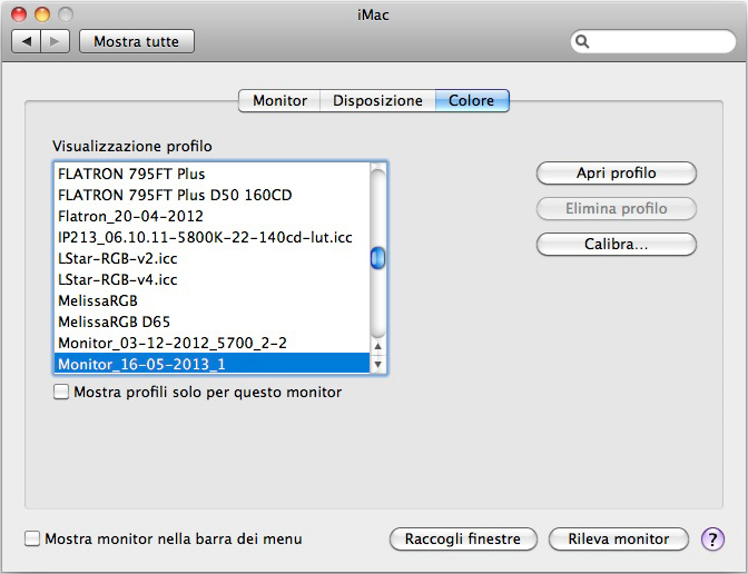 Mac OS X (Snow Leopard): le preferenze di sistema e l'impostazione del profilo colore.